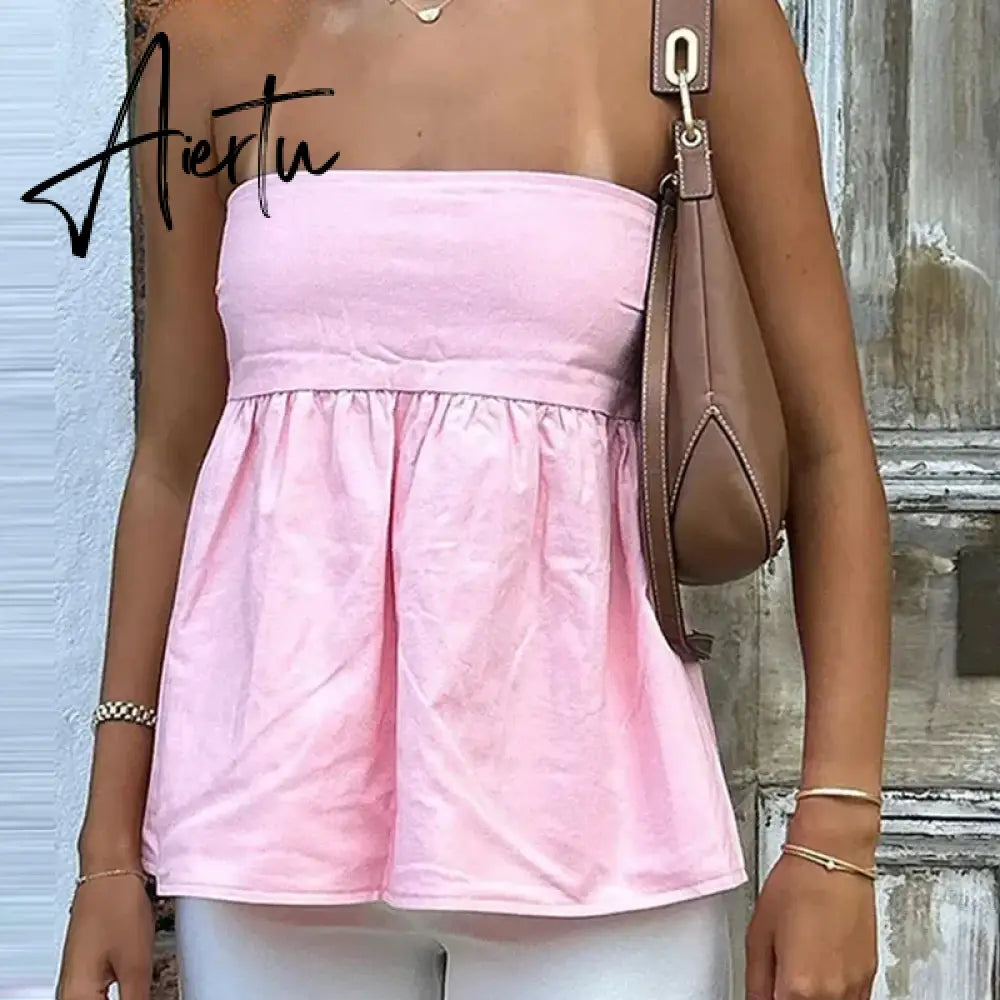 Aiertu Sexy Strapless Ruffles Tube Tops Women Casual Off Shoulder Backless Sleeveless Lady Top 2024 New Summer Solid Female Streetwear Aiertu