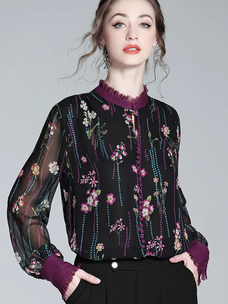 Sexy Black Floral Pattern Women's Silk Shirt REAL SILK LIFE