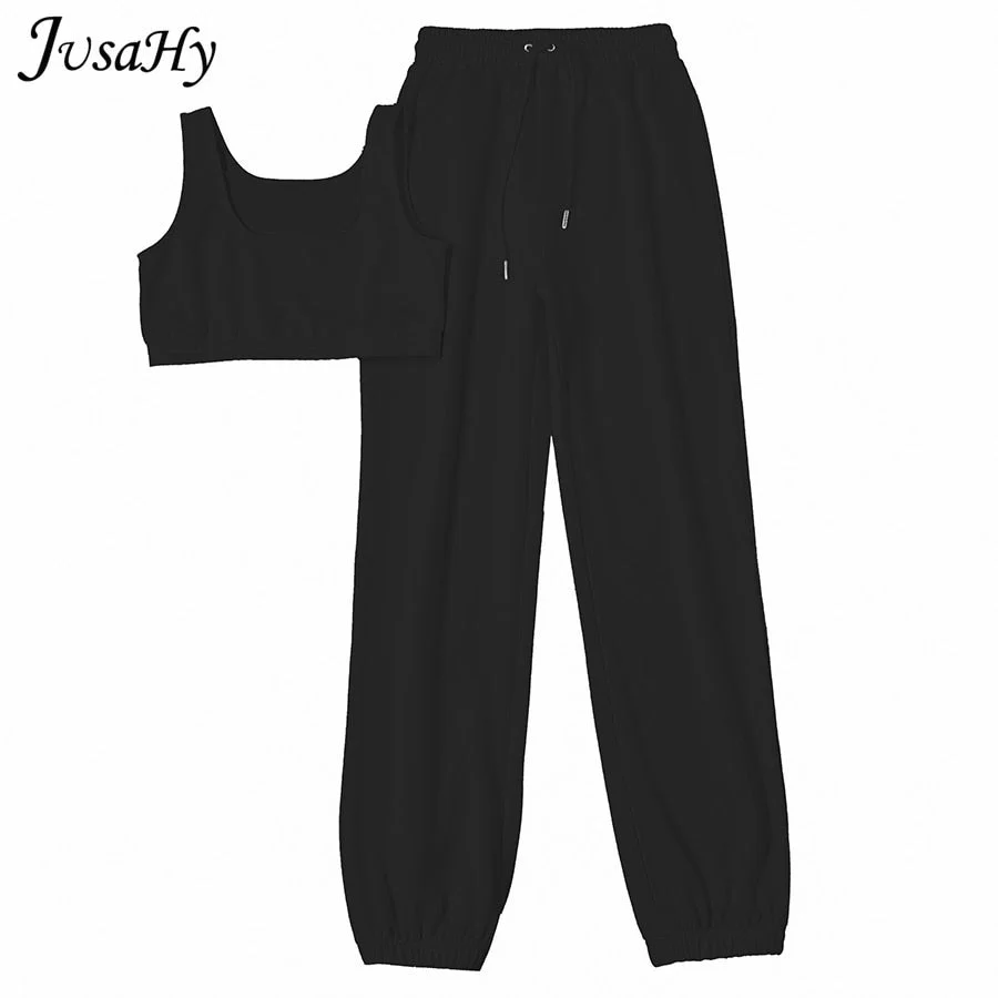 JusaHy Simple Cotton Casual Solid Slim Stretch Two Piece Sets Women Sports Crop Top+High Waist Lacing Slack Streetwear Tracksuit