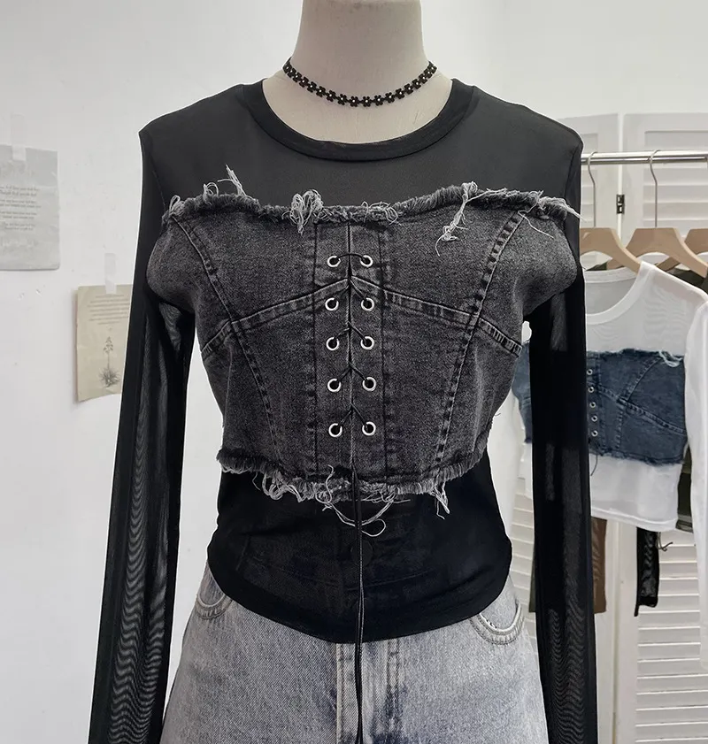 Churchf Vintage Babes Cowboy Spliced Tiring Strapped With Long Sleeves Short Mesh T-Shirt 2639