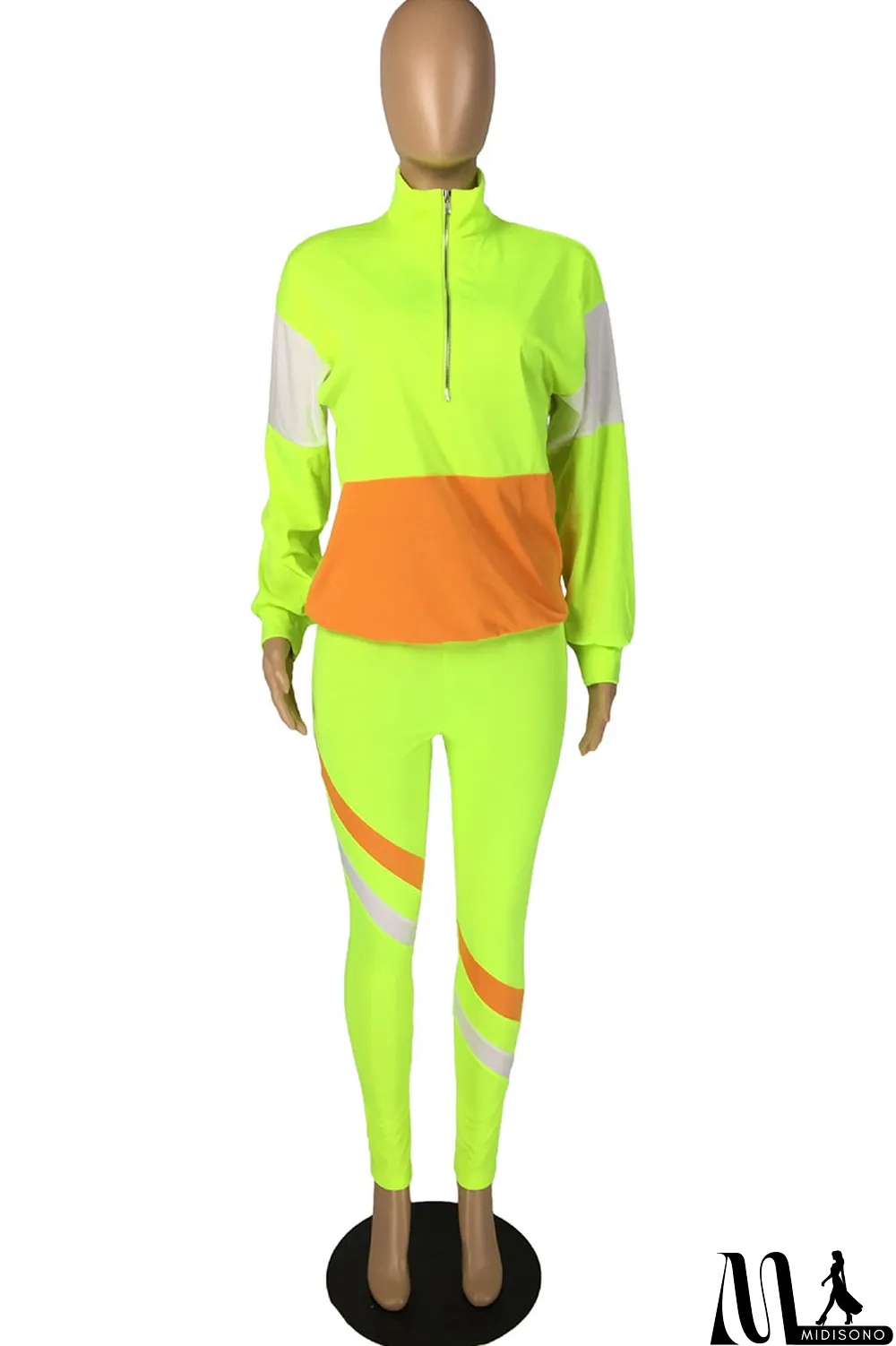 MidiSono - Fluorescent green Casual Striped Print Zippered Split Joint Mandarin Collar Long Sleeve Two Pieces