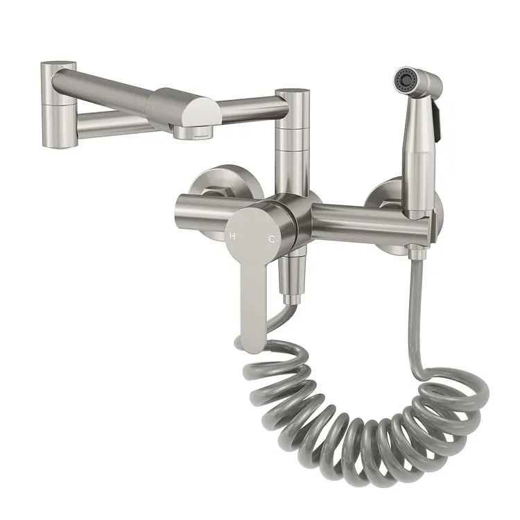 EVERSTEIN Wall Mounted Folding Kitchen Faucet with Side Sprayer Brushed Nickel