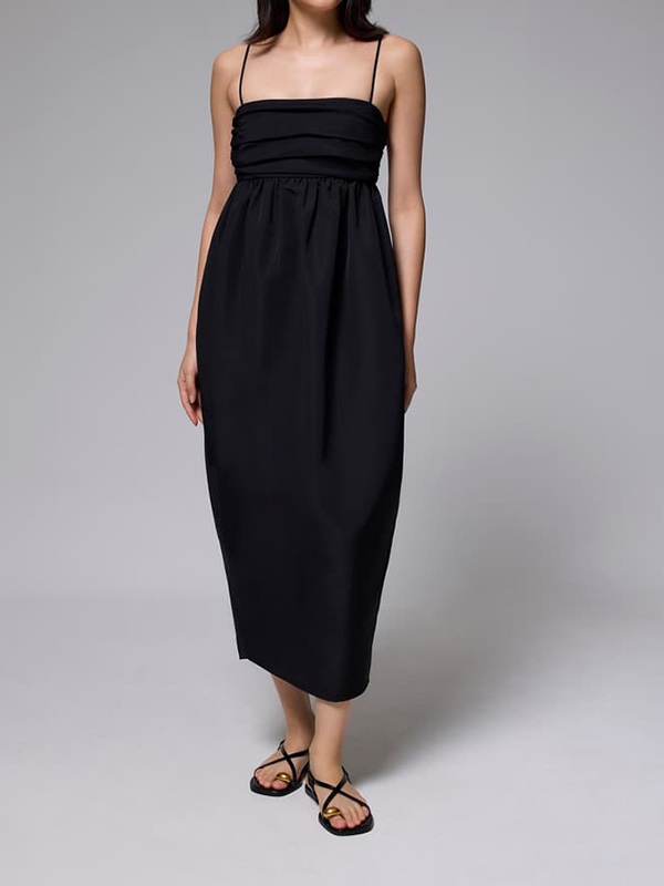 Solid Color Ruched Straight Neck Tulip Maxi Dress