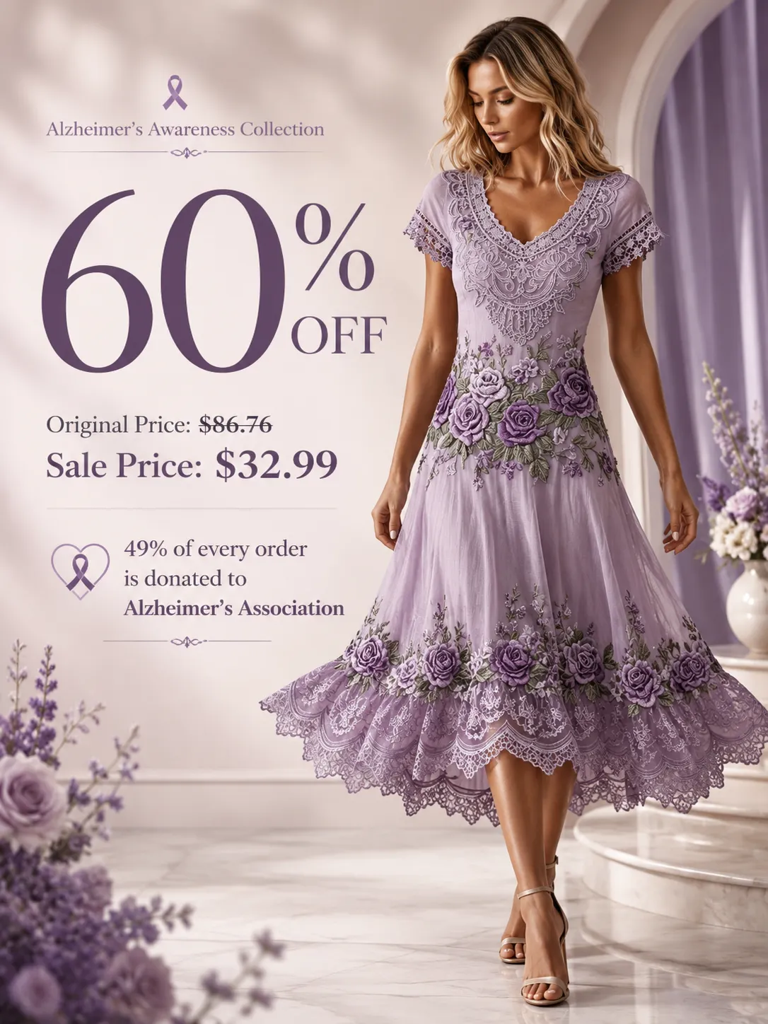 Wendlly women's retro purple rose embroidery V-neck short-sleeve midi dress