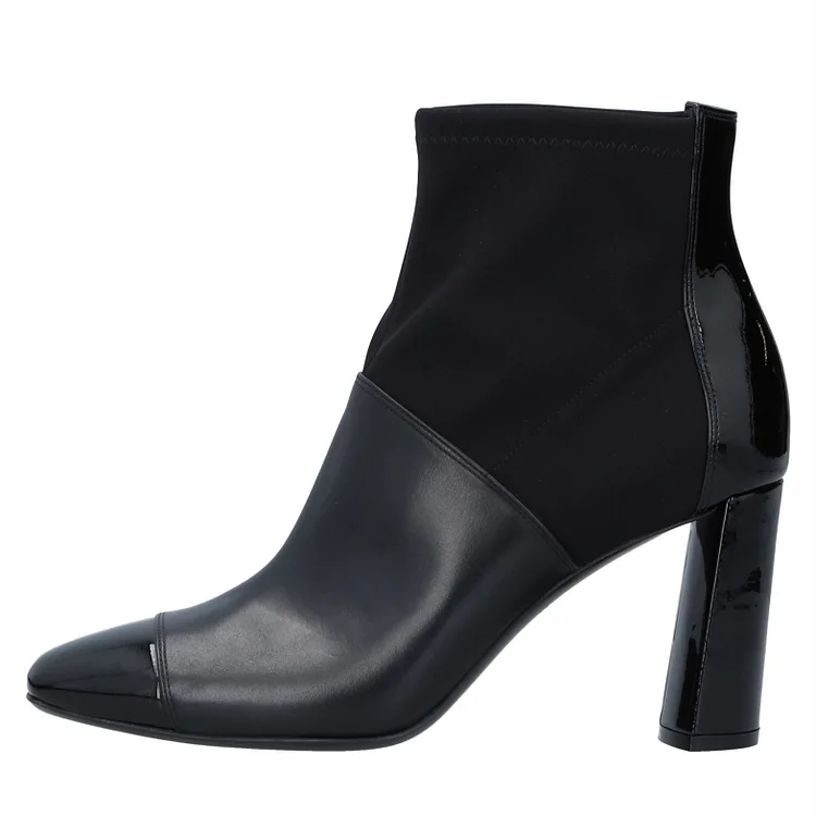 Black Patchwork Detail Chunky Heel Ankle Boots |FSJ Shoes