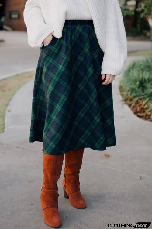 Pockets Plaid A Line Woolen Skirts