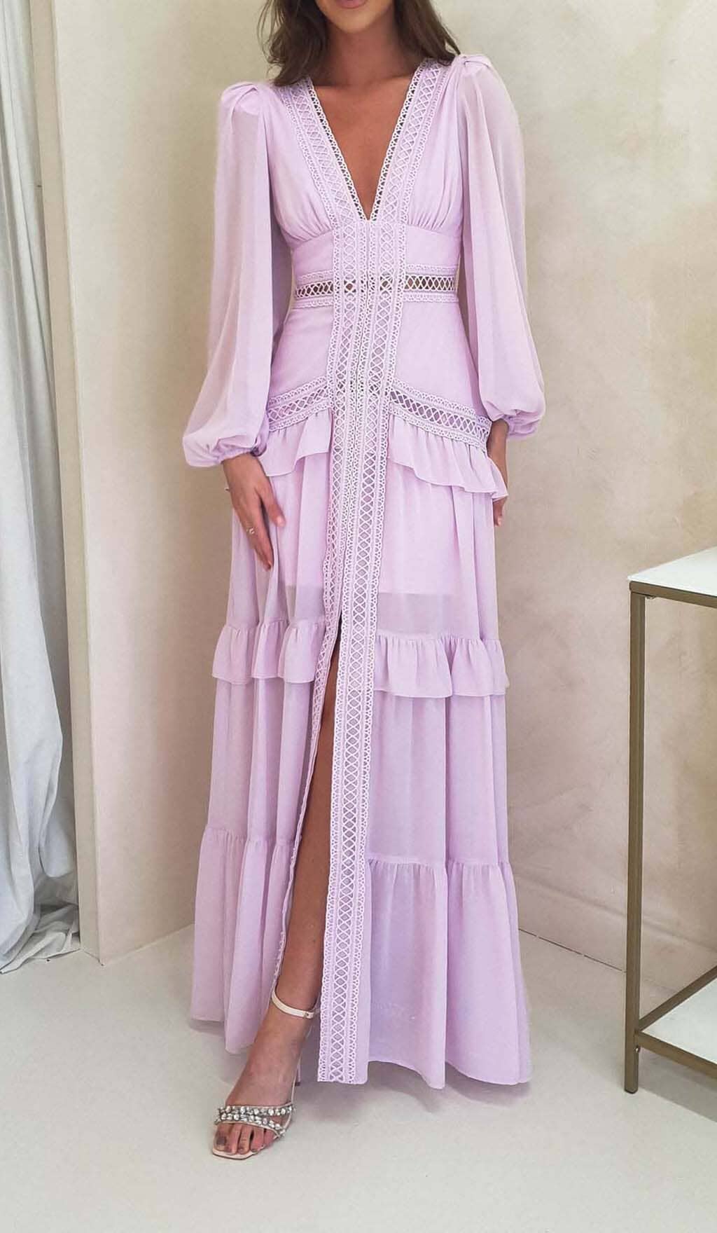 Long Sleeve Ruffle Maxi Dress In Lilac Flowering Girl