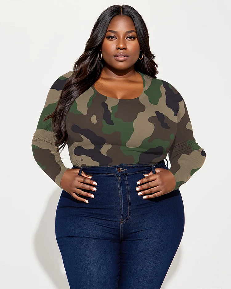 Women's Plus Size Fashion Camouflage Print Round-Neck Tight Long Sleeve T-Shirt