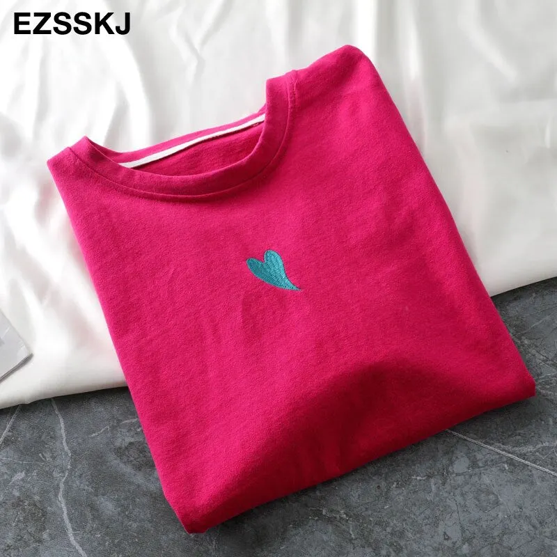 spring summer Women basic heart embroidery T-shirt Casual Loose short sleeve bottom candy color cotton T-shirt  Female Tops