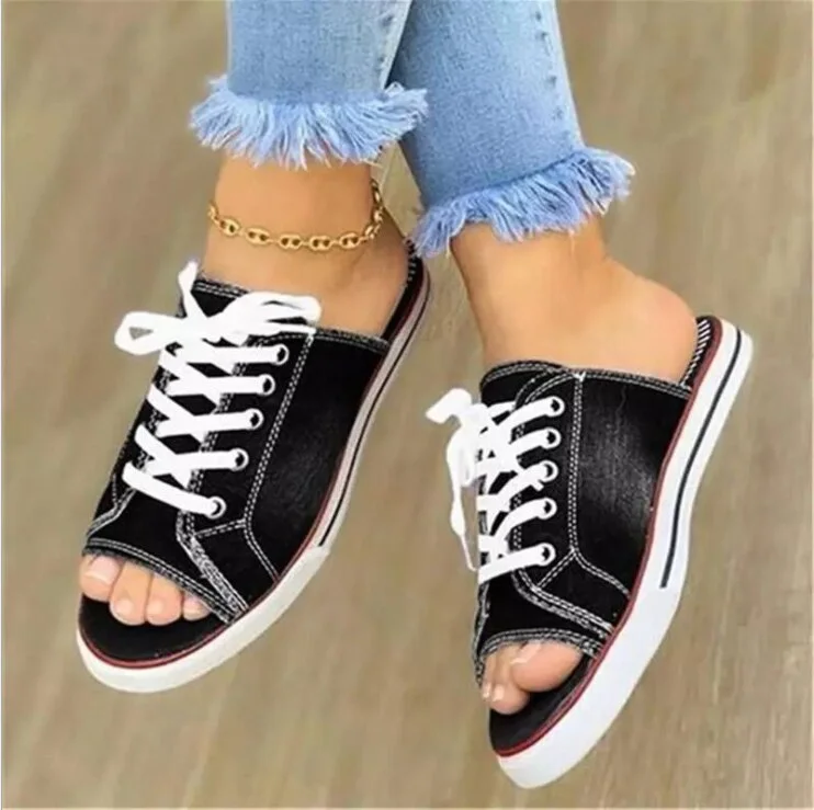 Fashion Women Peep-toe denim Sandals Breathable Summer Shoes Comfortable Casual Slippers Ladies New Flat Shoes Zapatos Mujer