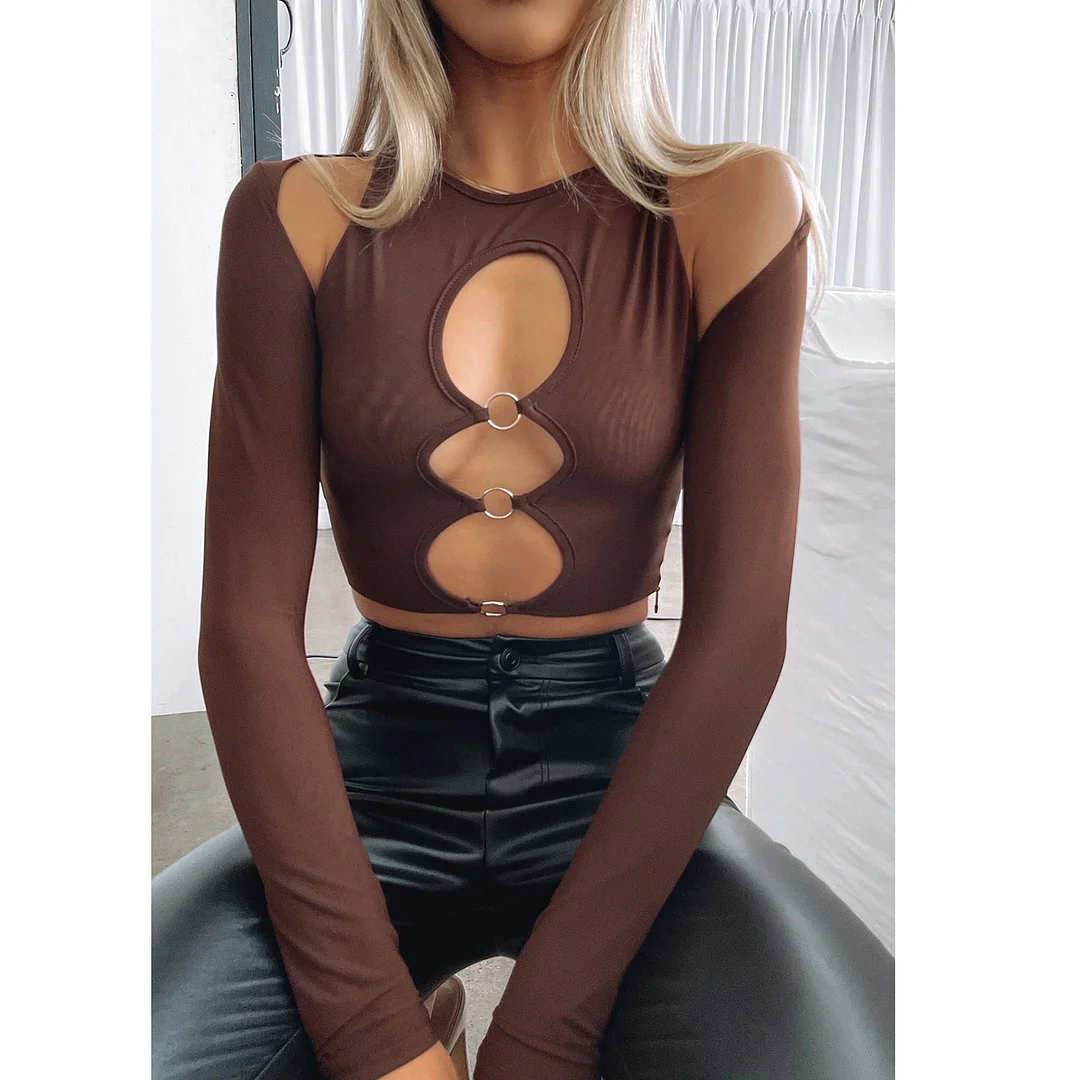 wsevypo Women Cutout Crop Tops Solid Color T-shirt Sexy Long Sleeve Round Neck Hollow Out Tees with Rings Streetwear Pullovers