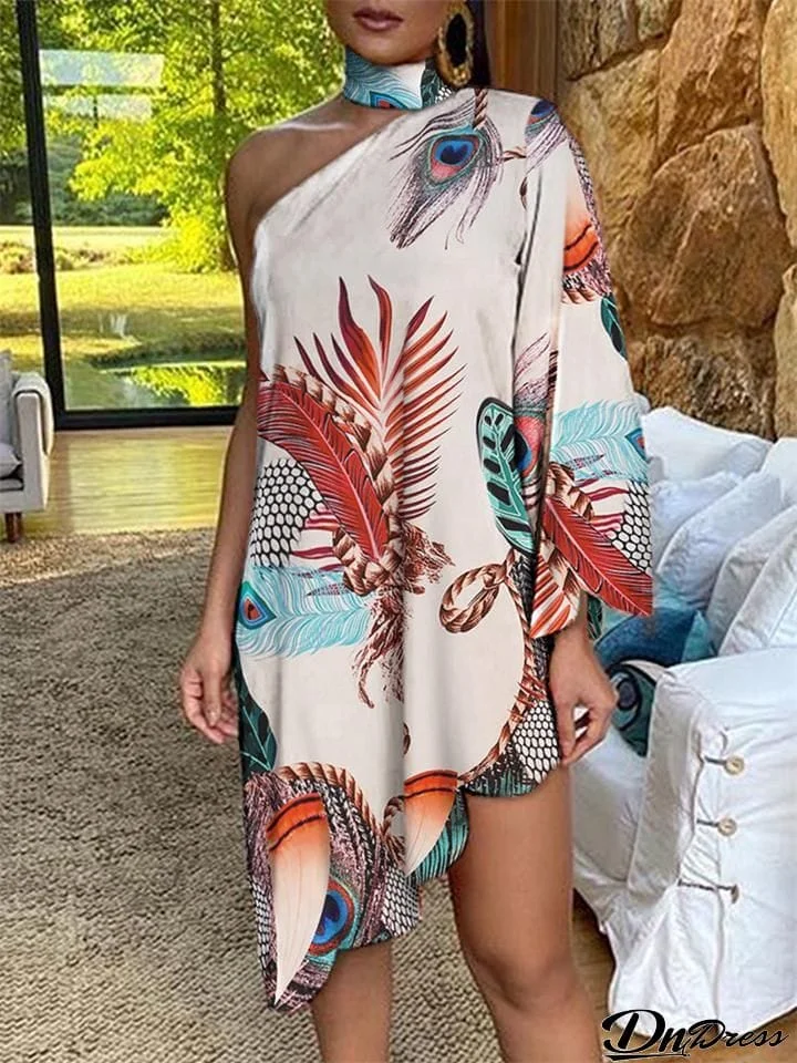 Stylish One Shoulder Asymmetric Hem Printed Mini Dress