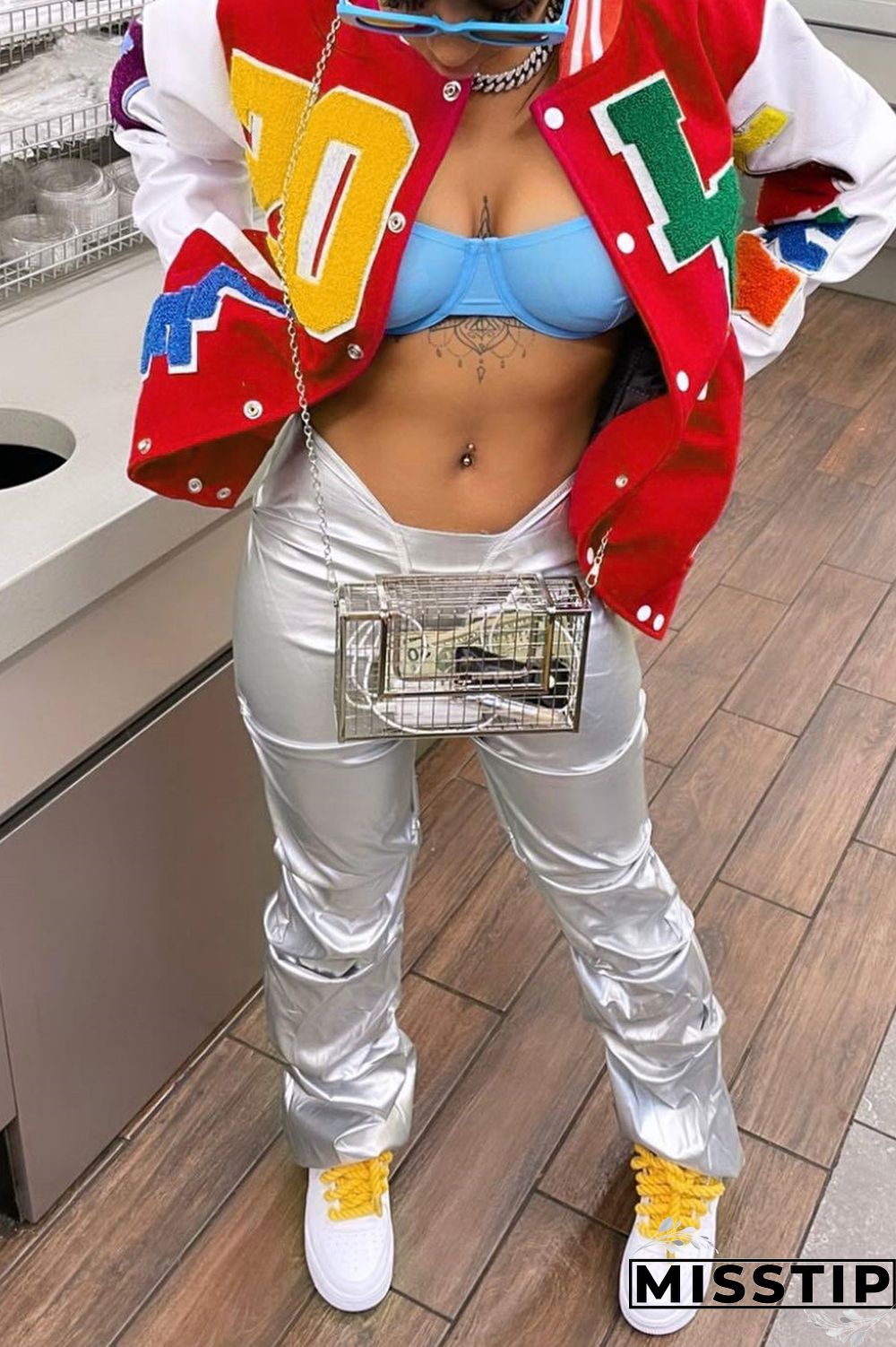 Blue Casual Letter Patchwork Contrast Turn-back Collar Outerwear