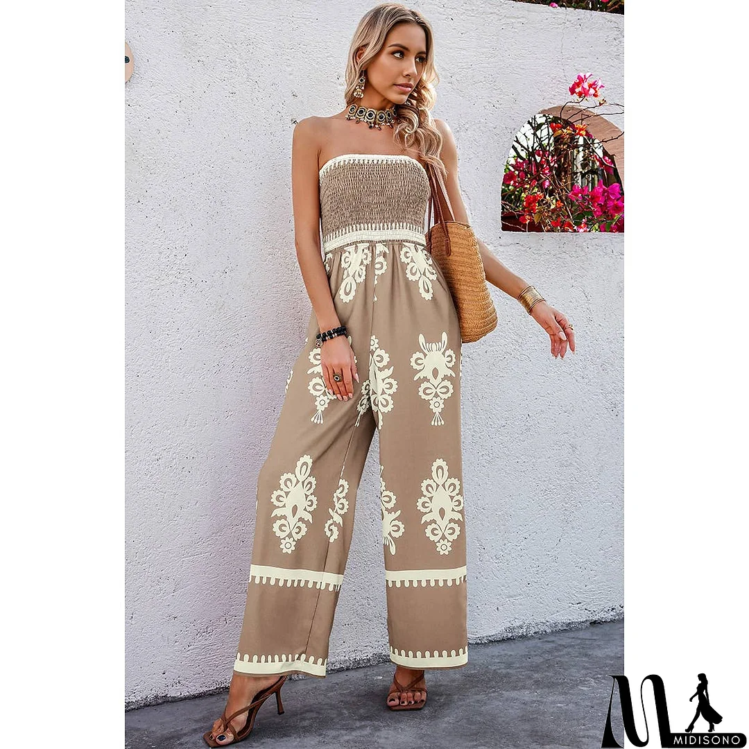 MidiSono - Off Shoulder Ruched Printed High Waist Jumpsuit