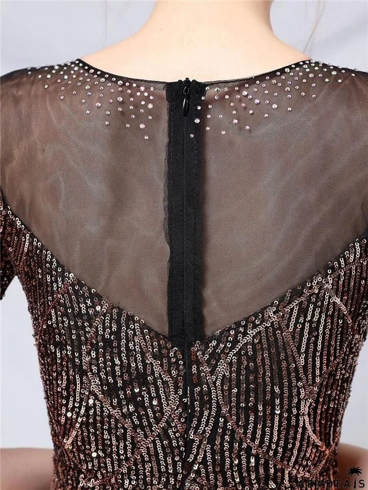 Shimmering Sequined Illusion Neck Mermaid Dress for Evening Party