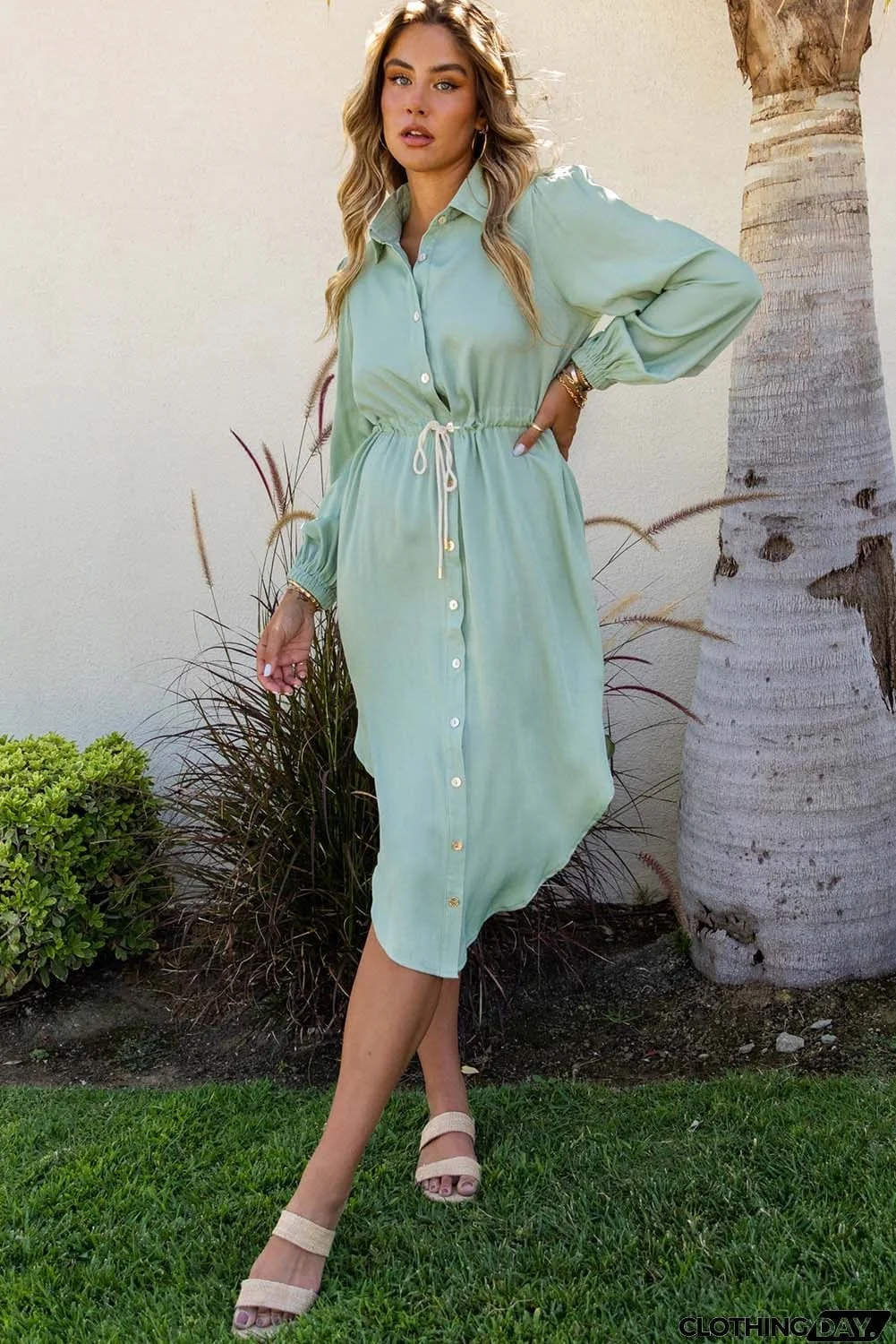 Solid Button Front Drawstring Shirt Dress