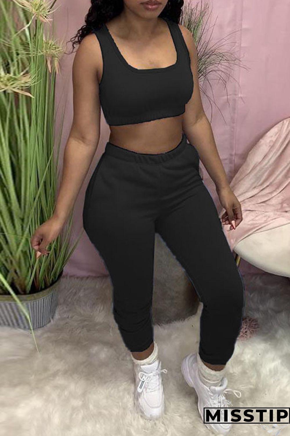 Black Casual Sportswear Solid Vests Pants U Neck Sleeveless Two Pieces