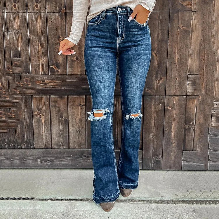 Classic Washed Ripped Bootcut Jeans