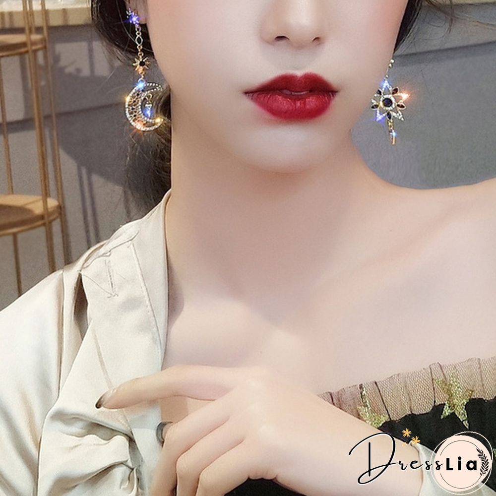 925 Silver Needle Asymmetry Long Star Moon Earrings Crystal Rhinestone Personality Tassel Elegant Shinny Earrings Girls Jewelry Gifts