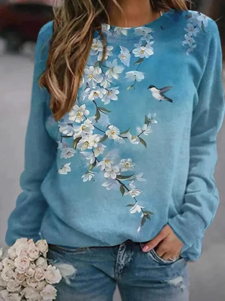 Women Long Sleeve Scoop Neck Floral Printed Graphic Top