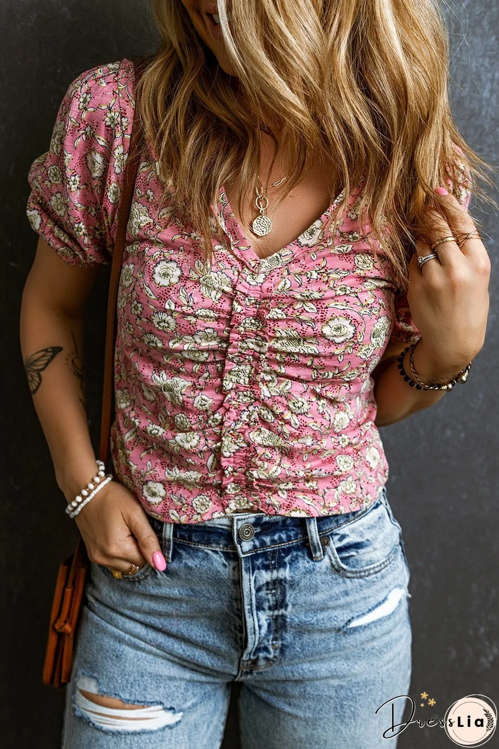 Floral Short V Neck Ruched Blouse