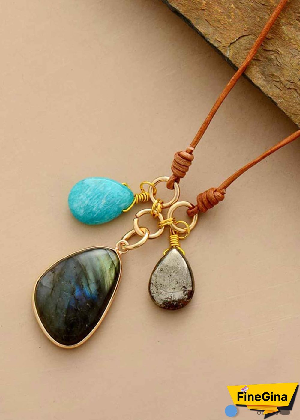 Boho Necklace, Labradorite Amazonite Leather Pendant Necklace