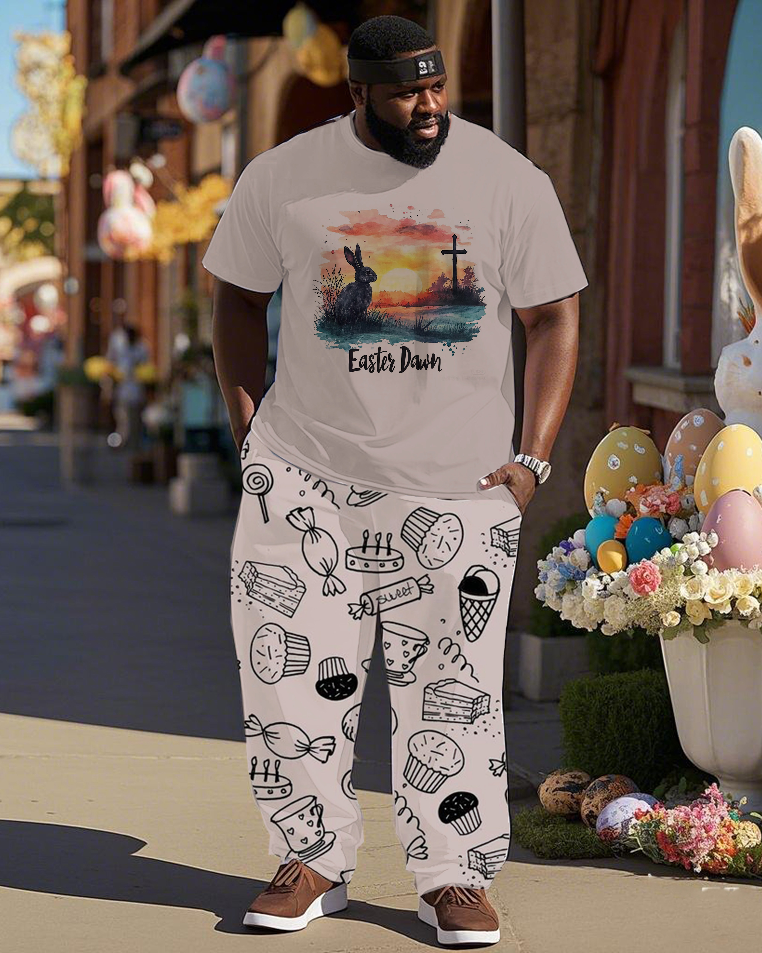 Big Shot. Easter Bunny-Print Short-Sleeve Trousers Suit