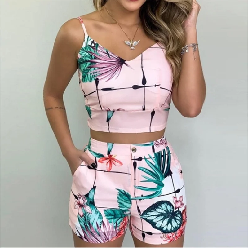 Tanguoant Pieces Suit Women's 2022 Summer Holiday Sleeveless Floral Print Top Pants Set Loungewear Shorts Casual Outfits With Belt