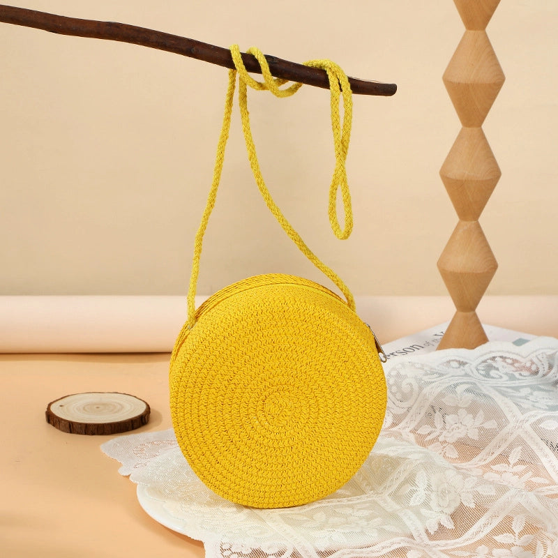 Girl’S Straw Solid Color Cute Round Zipper Shoulder Bag