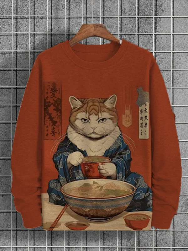 Men's Cat In Japanese Clothes Art Printed Cozy Sweatshirt