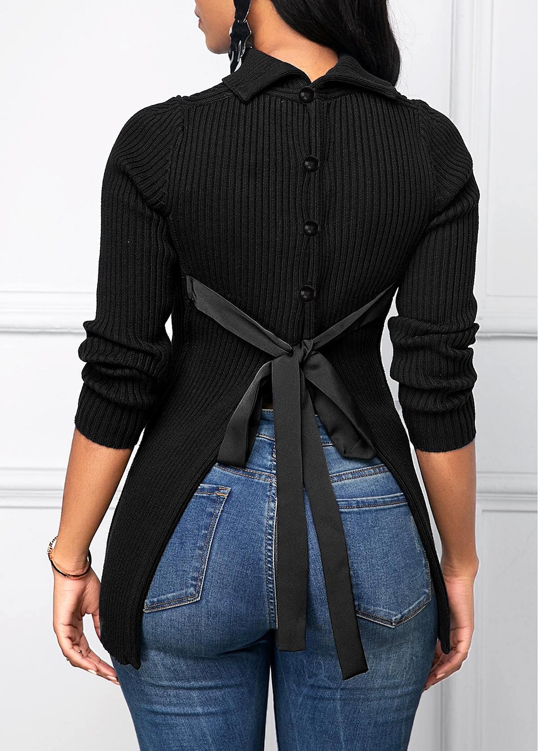 Button Decorated Tie Back Black Sweater