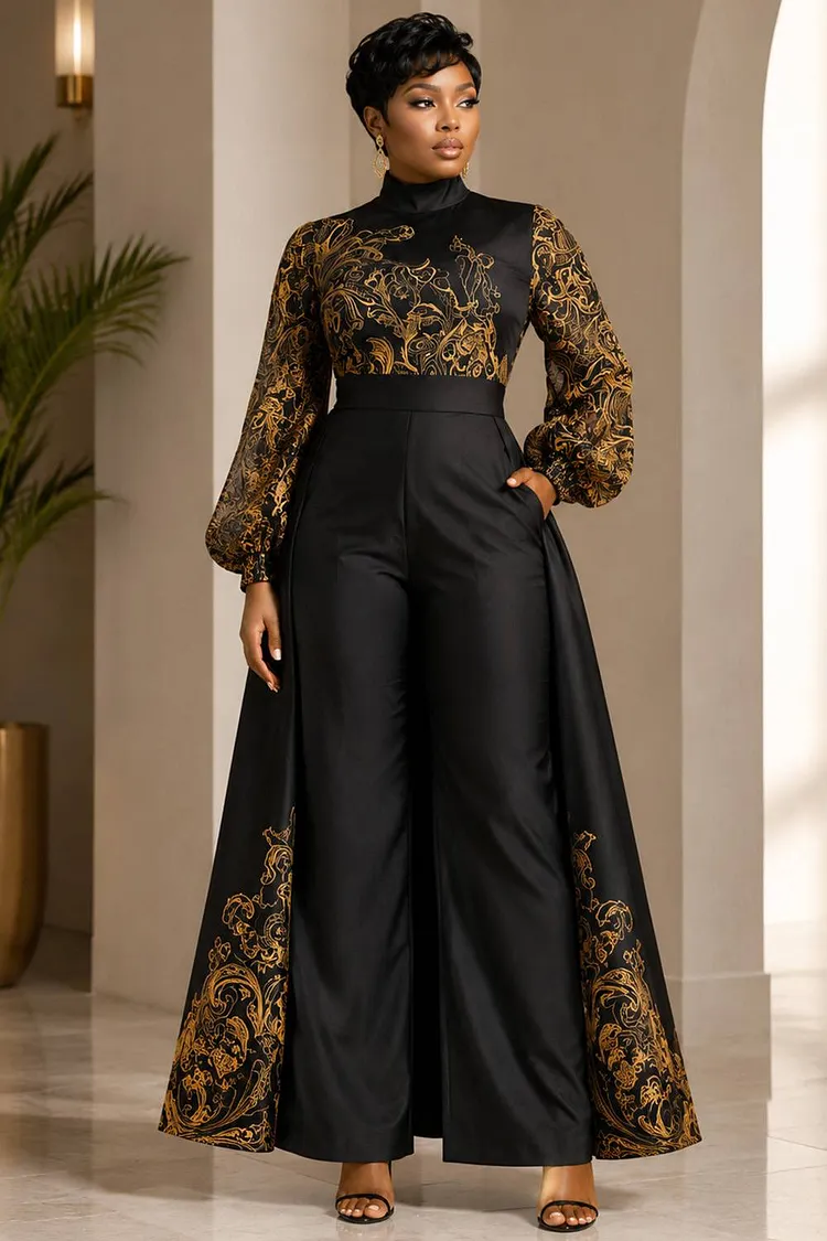 Xpluswear Design Plus Size Formal Black Graphic Stand-Up Collar Lantern Sleeve Long Sleeve Pocket With&nbsp;Skirt&nbsp;Overlay&nbsp;Satin Jumpsuits [Pre-Order] 2024 - Xpluswear