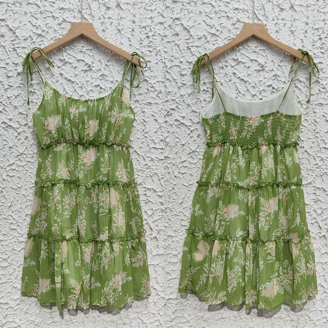 Sexy Chiffon Layer Ruffles Summer Strappy Dress Floral Print Holiday Backless Suspender Mini Dress