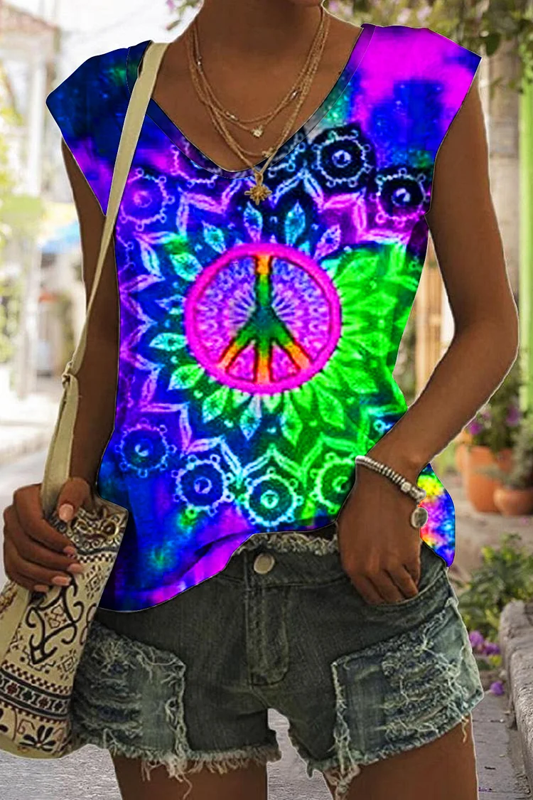 🔥kukelife🔥Hippie Psychedelic Tie-dye Peace & Loveart Pattern V-Neck Tank Top