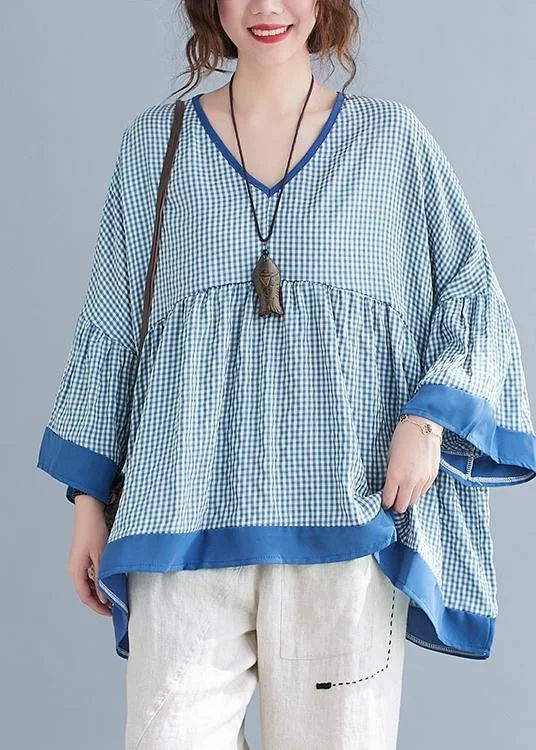 Fine Blue Plaid Patchwork flare sleeve Top Spring Summer