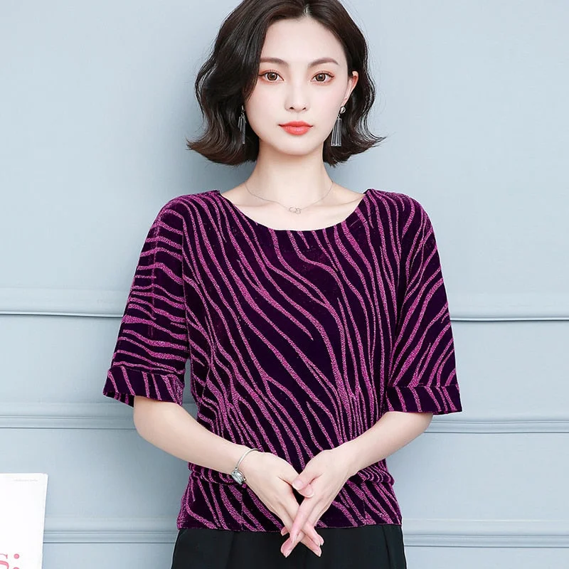 2021 Spring and Summer New Women's Striped Office Lady Style Short Sleeve Blouse Plus Size 4XL Women Base Shirt Blusas 10365