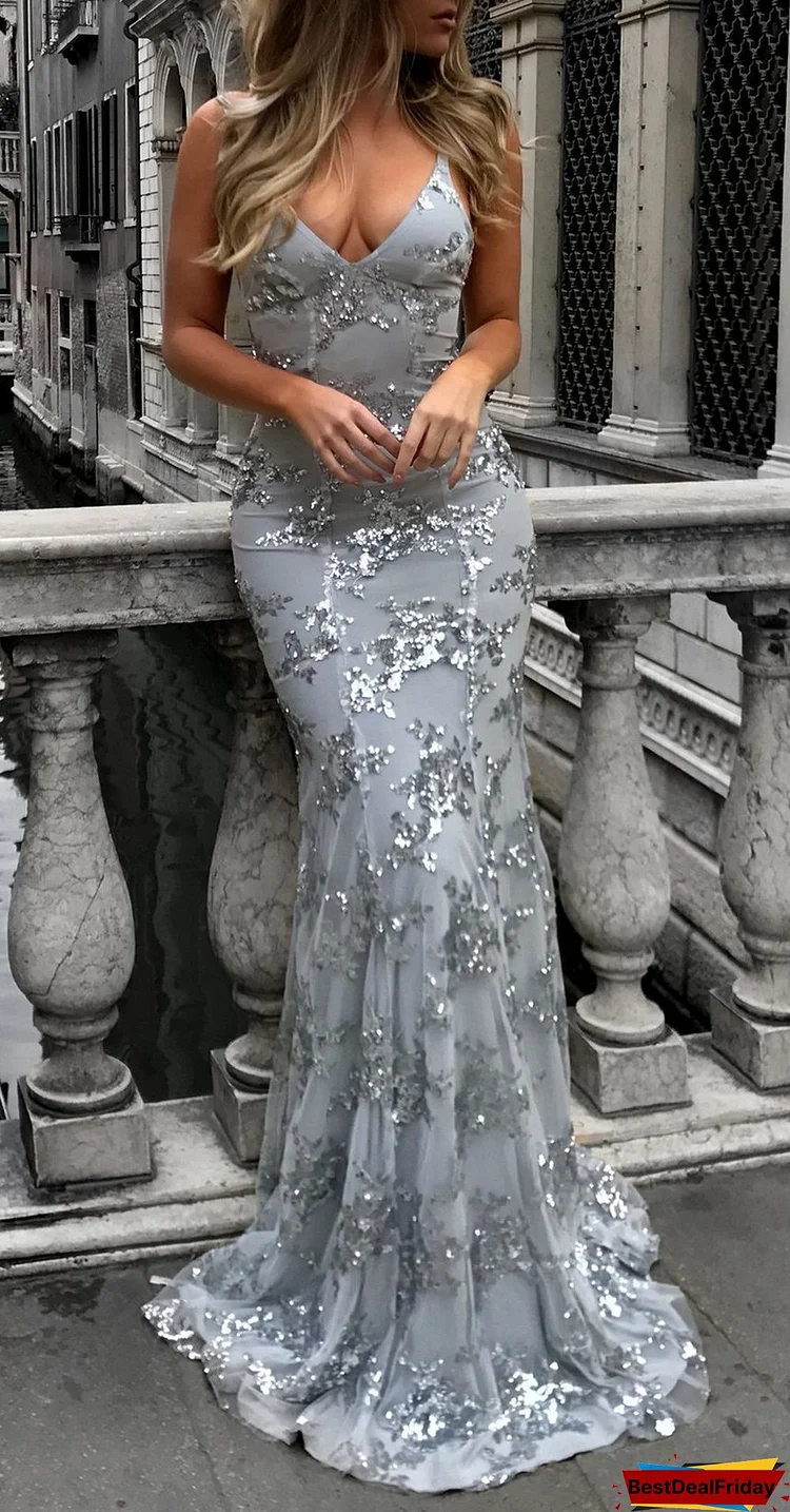 Women Sequined Elegant Maxi Slim Bodycon Glitter Strap Solid Color Party Dress
