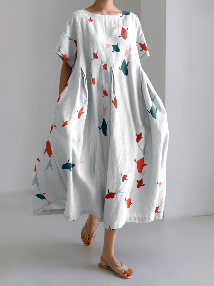 Comstylish Fish Print Round Neck Short Sleeve Loose Midi Dress