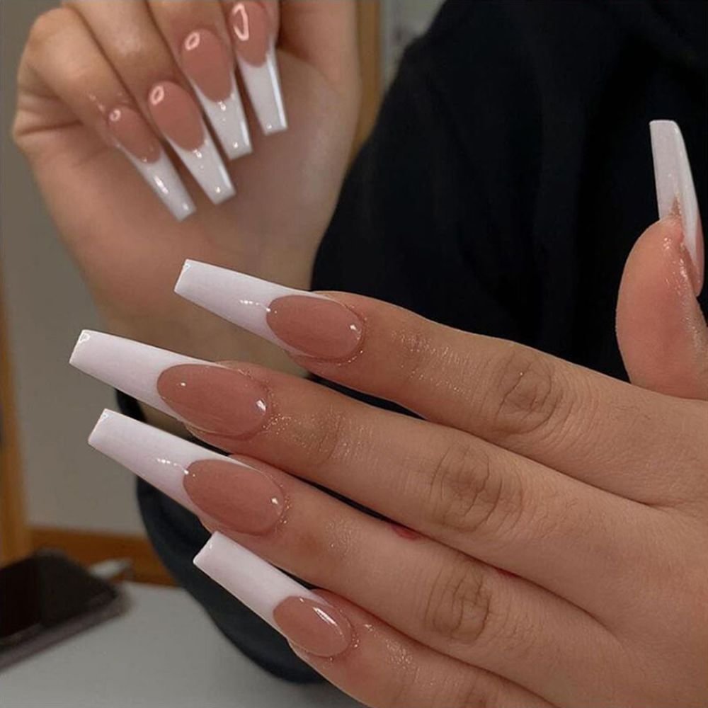 24pcs/Box Artistic French False Nails Ballerina Detachable Wearable Long Coffin Fake Nails Full Cover Nail Tips With Press Glue 515