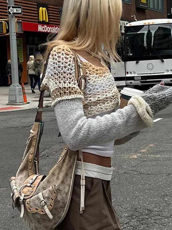 Brownm crop long sleeve crochet top with crochet pattern and stripes