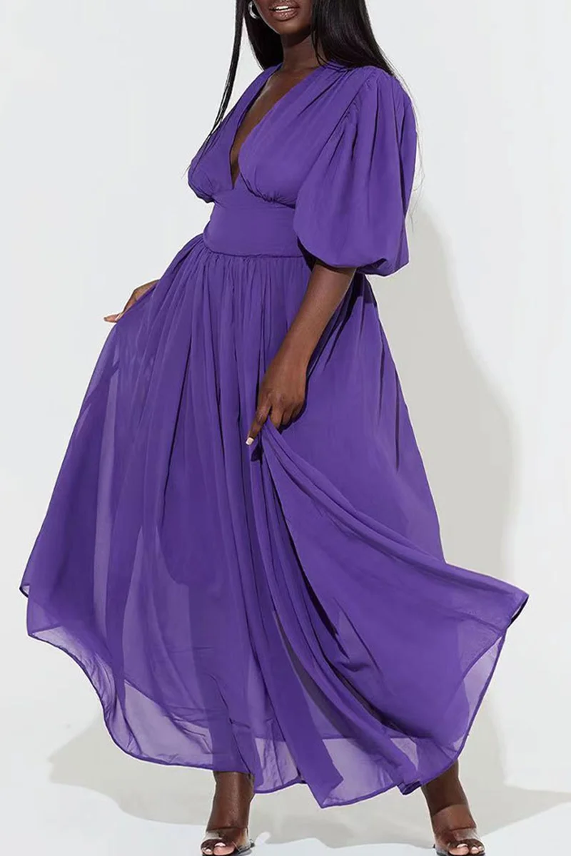 Purple Casual Solid Patchwork V Neck Long Dress Dresses | EGEMISS