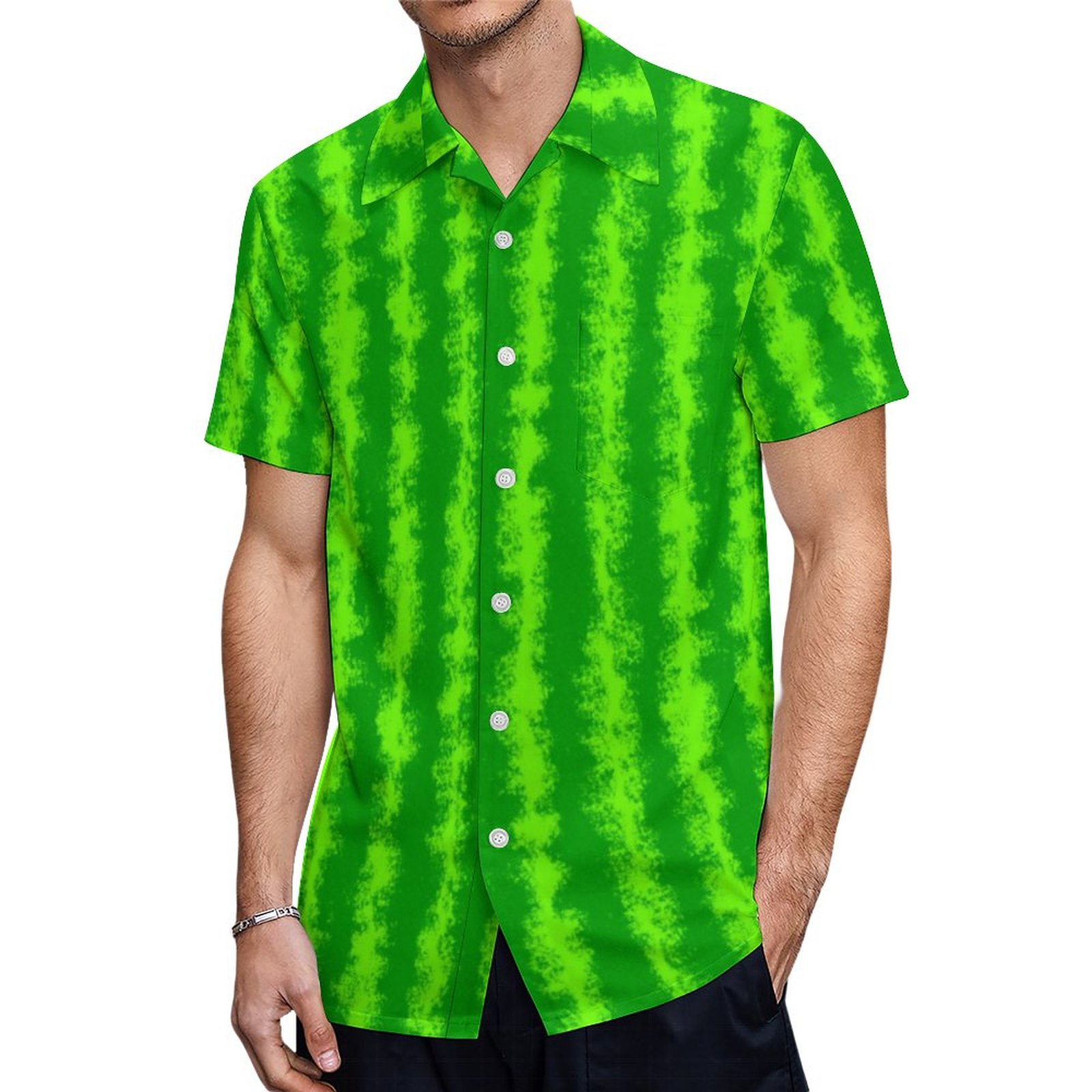 Watermelon Cute Fruit Rind Green Stripes Foodie Hawaiian Shirt Mens Button Down Tropical Hawaii Beach Shirts