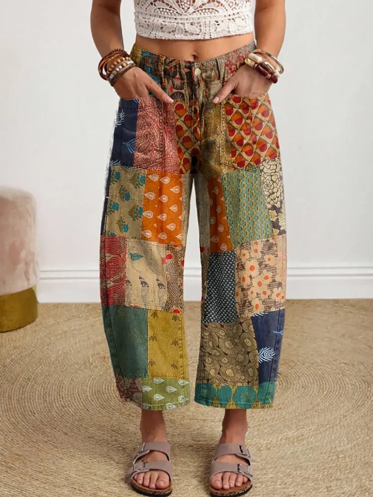Women's Bohemian Floral Patchwork Pattern Art Print Jeans