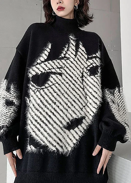Modern Black Turtleneck Cartoon Print Thick Knit Sweater Winter