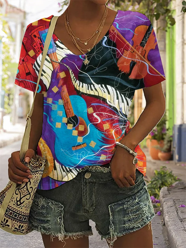 Guitar & Piano Inspired Art V Neck T Shirt