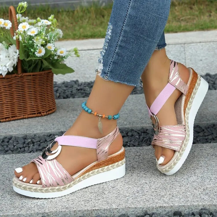 Breakj Breakj 2025 New Slope Heel Sandals Women Metal Buckle Rope Slopes And Light-Bottomed Fish Mouth Sandals