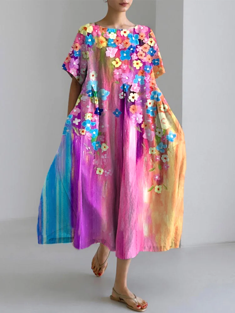 Flower Oil Painting Art Print Linen Blend Dress