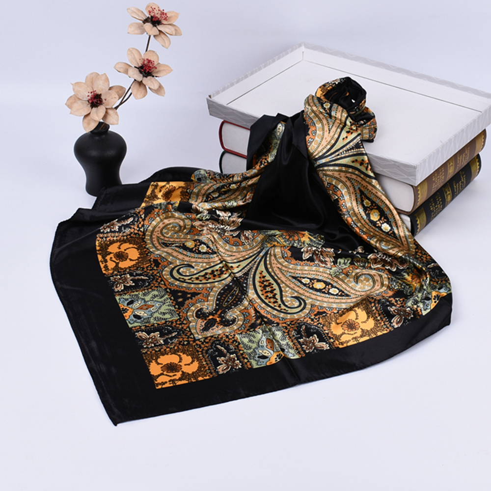 90cm*90cm Black Satin Plain Printed Square Scarf-vocosishoes