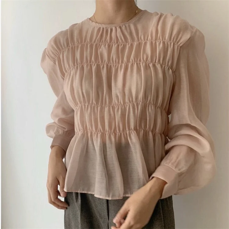 2022 Spring Blusa O-Neck Puff Long Sleeve Blouse Korean Ins Solid Pleated Design Perspective Summer Shirt Fashion Clothing 11357