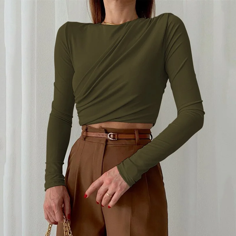 Tawnie 2022 Women V Neck Long Sleeve T Shirt with Shoulder Pads Green Sexy Elegant Autumn Winter Ruched Top Tshirts Casual Brown